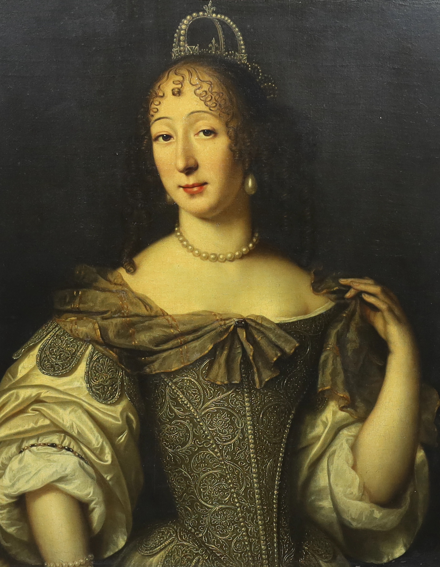 Attributed to Pieter Nason (Dutch, 1612-1688), Portrait of a noble woman wearing a pearl set crown and elaborate embroidered dress, oil on canvas, 80 x 63cm